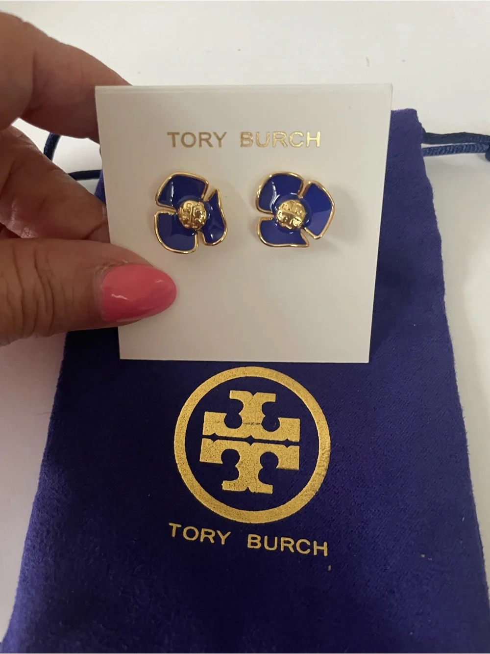 Tory Burch Royal Blue Enamel Flower Stud Earrings with Gold Trim